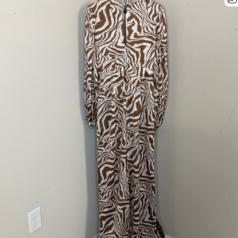 Sang Women’s Brown White Animal Print Vneck Pantsuit Long Puff Sleeves